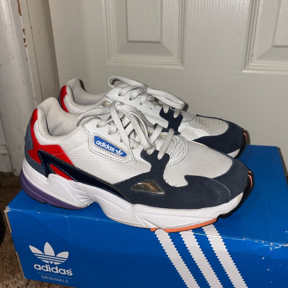 Adidas White and Navy Sneakers with Red and Purple Accents